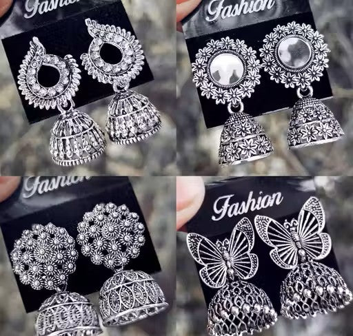 Latest Designer Jhumki Silver Earrings Set Combo Of 4