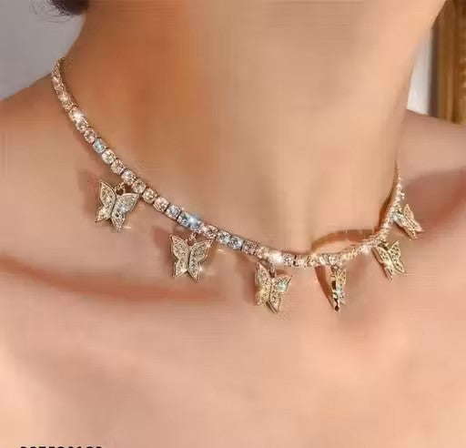 Gold Crystal Buterfly Necklace For Women & Girls